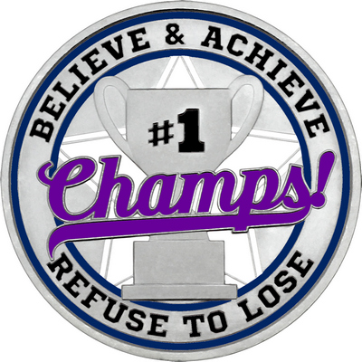 Purple "Champs!" with Navy Blue Outer Circular Borders